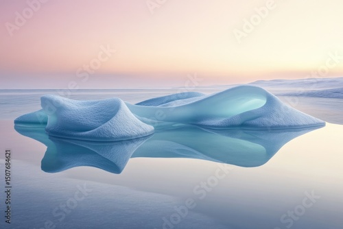 Serene arctic landscape featuring smooth, snow-covered ice formations reflected in calm water under a soft, pastel sky.