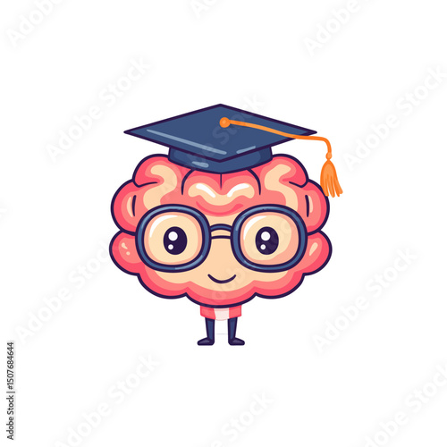Illustration of a cartoon brain wearing glasses and an academic hat, presented in a modern style on a white background in EPS 10 format