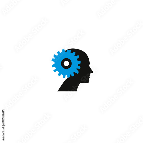A modern illustration depicts a human head in silhouette with integrated gears, symbolizing a thinking brain, shown in profile