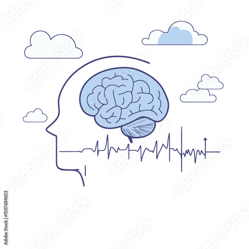 Figure of a man with a brain, represented as a silhouette, and an icon of a man with a brain, signifying the human mind, isolated on a white background, as a modern stock illustration