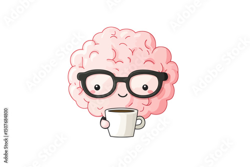 A cute cartoon human brain character, symbolizing tired fatigue and bad emotions, is depicted with a hot coffee cup, representing the central nervous system organ waking up on a bad Monday morning in