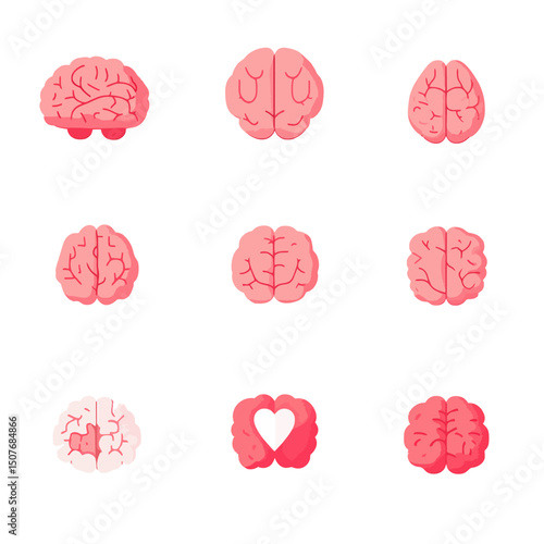 A set of four icons depicting the human brain in pink is featured, showcasing lateral and superior views of the cerebrum, both in a circle and within a head, all in a modern flat style illustration