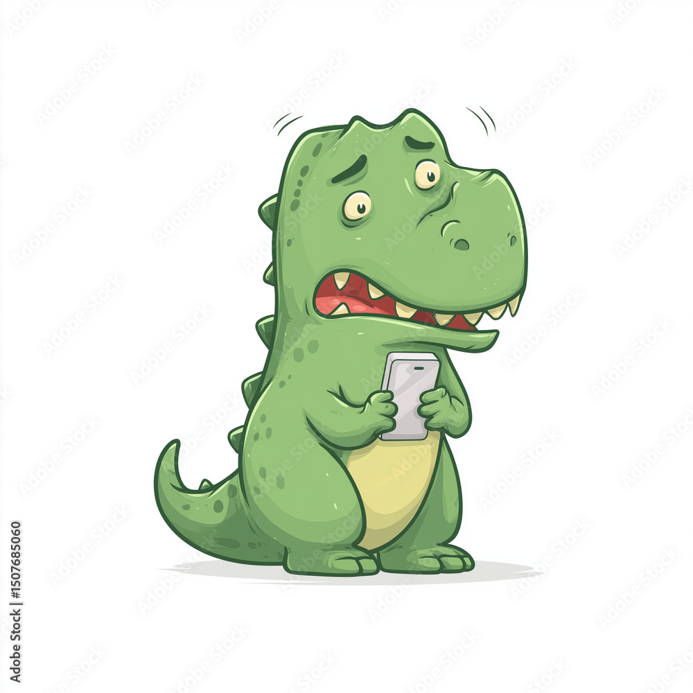 Fototapeta premium cartoon T-Rex character struggling to reach smartphone with tiny arms, frustrated face