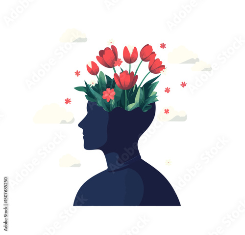 The concept of mental health and psychology is represented by a human head adorned with beautiful blooming flowers, symbolizing psychological wellness, positive thinking, and creativity, particularly