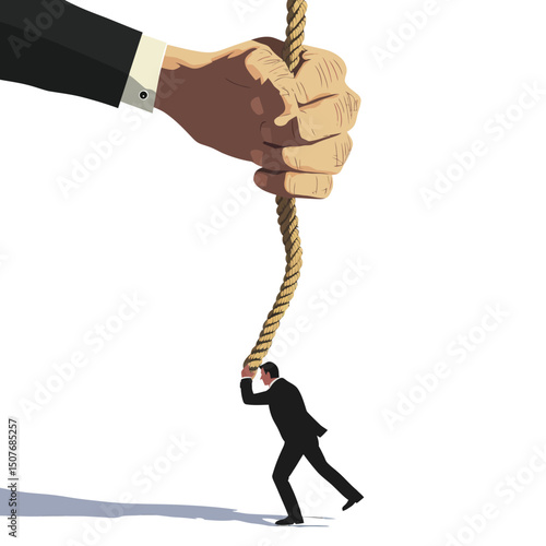 The businessman is trapped in a rope loop, symbolizing a business concept, depicted in modern flat design illustration, isolated on a white background