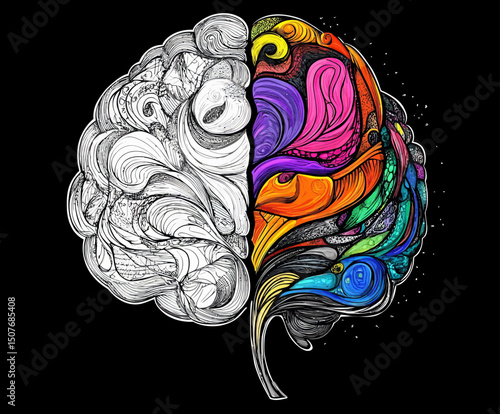 The concept of the human head's left and right brain hemispheres is associated with creative and colorful ideas, representing a modern illustration in flat style design that pertains to education,