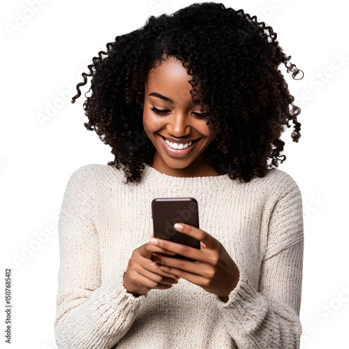 Happy African American woman using a cell phone, cut out