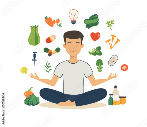 A man with a healthy body and mind is meditating, symbolizing holistic healing and overall well-being in a modern flat illustration, representing a healthy lifestyle and wellness concept suitable for