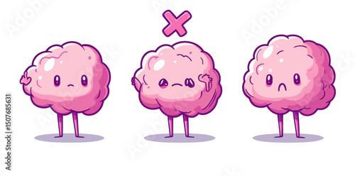 Modern flat style illustration depicting a human brain as a cute character experiencing low battery, damage, and trauma, along with bad level activity, discharge, and various losses
