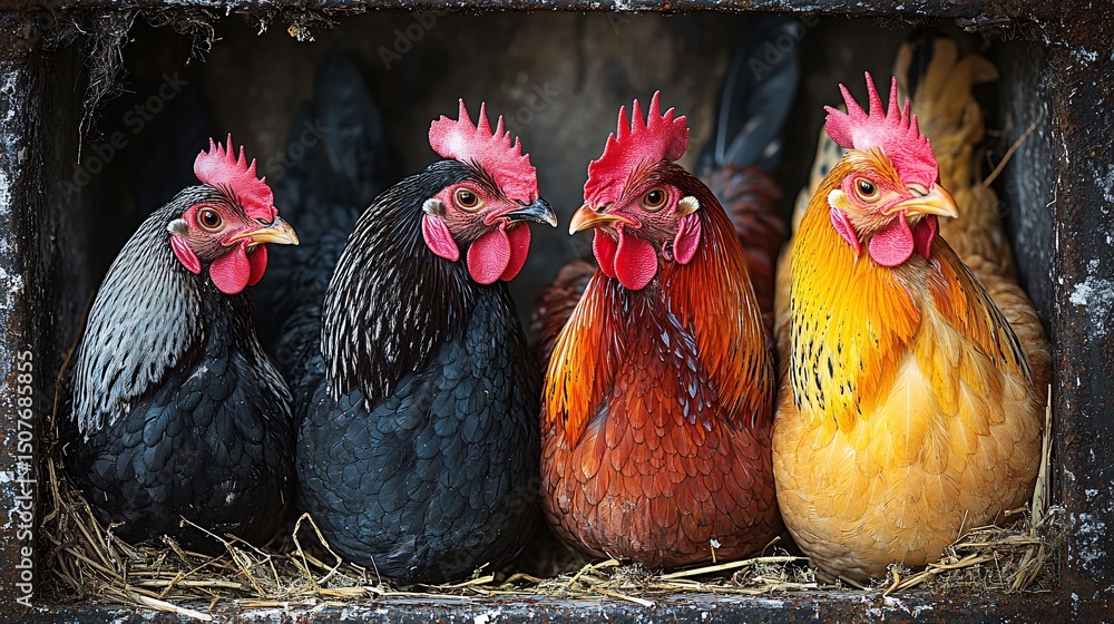 Fototapeta premium Four Chickens in a Wooden Coop Black, Brown, Red, and Yellow Hens Resting in Hay