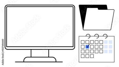 Desktop monitor, file folder, and calendar with a checkmark, symbolizing task organization and digital planning. Ideal for productivity, scheduling, deadlines, workflow, digital tools task tracking