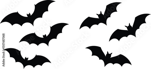 Silhouetted Bats Flying on a White Background for Halloween Design