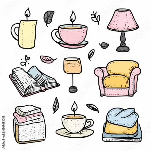 Vector sticker set of cozy hygge lifestyle objects including tea cup, candle, book, blanket, armchair and lamp. Designed in soft pastel tones for journaling, planners and printable use