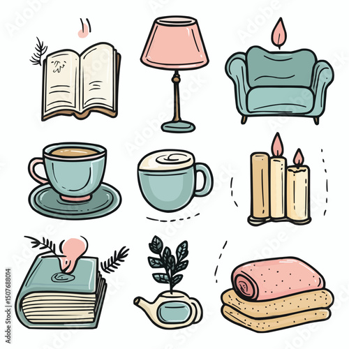 Vector sticker set of cozy hygge lifestyle objects including tea cup, candle, book, blanket, armchair and lamp. Designed in soft pastel tones for journaling, planners and printable use