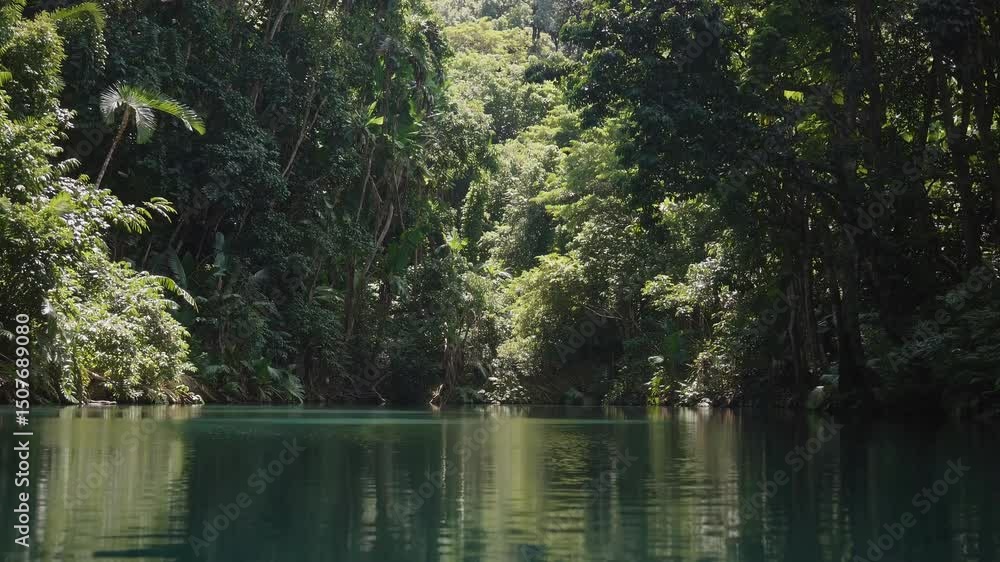 Serene jungle river surrounded by lush greenery in a tropical paradise Serene jungle river surrounded by lush greenery in a tropical paradise