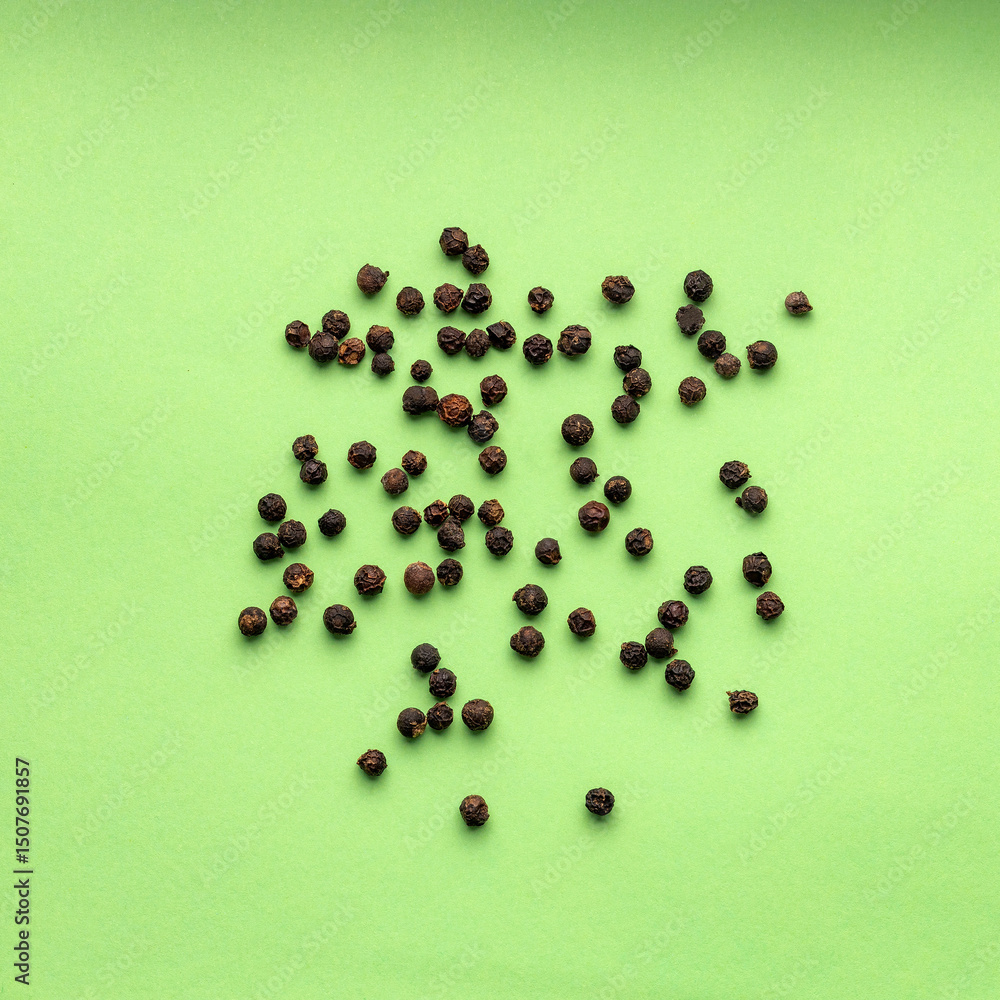 Piper nigrum - Black peppercorns on green background Piper nigrum - Black peppercorns on green background