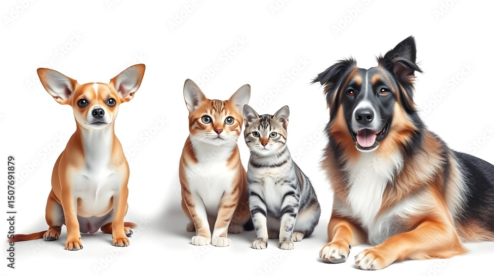 Obraz premium A charming gathering of furry friends posing together in harmony—three dogs and one cat sitting in unity, sharing peace, affection, loyalty, and adorable friendship beyond species.