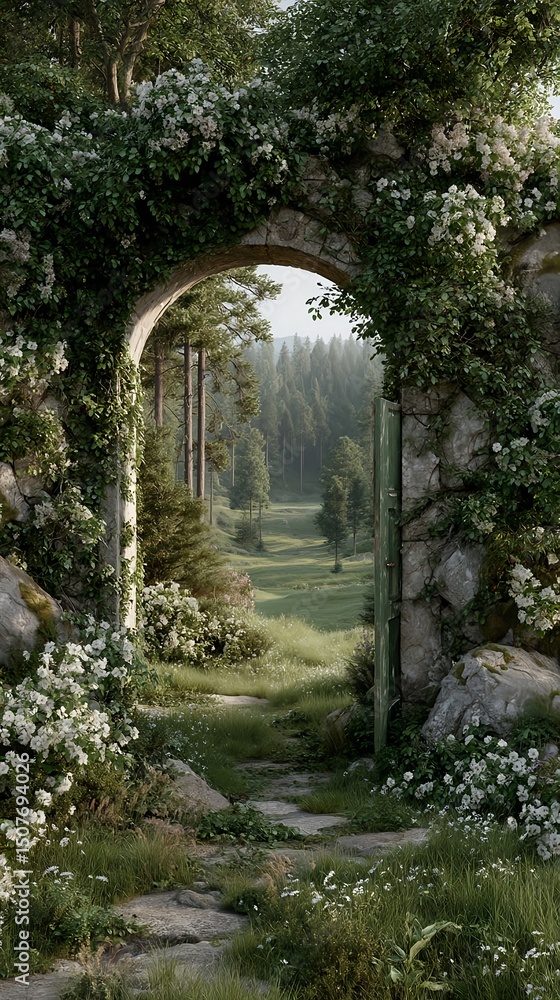 Obraz premium Stone archway with green vines and white flowers for phone wallpaper