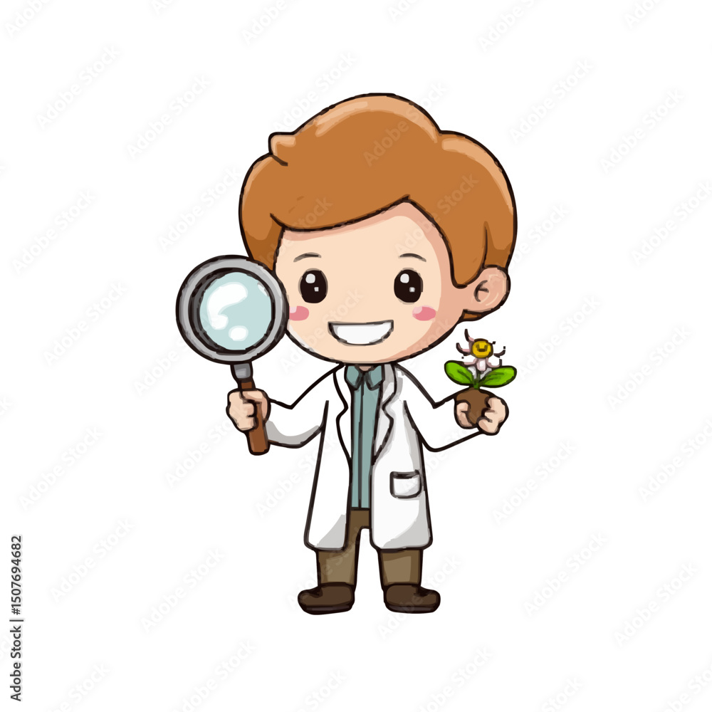 Cartoon scientist with magnifying glass examining a flower in a pot on a white background design element Cartoon scientist with magnifying glass examining a flower in a pot on a white background design element
