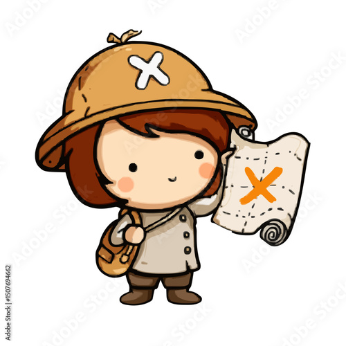 Illustration of a cartoon explorer holding a treasure map wearing a hat and carrying a satchel bag