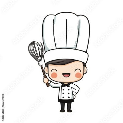 A cartoon chef with a tall white hat holds a whisk and smiles with rosy cheeks on a white background view