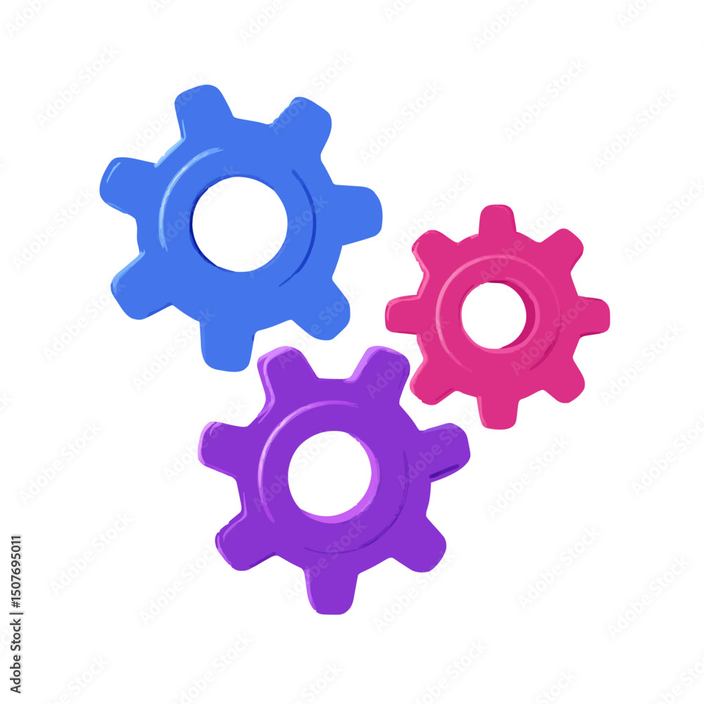 Three colorful gears in blue purple and pink arranged together on a white background showcasing mechanics Three colorful gears in blue purple and pink arranged together on a white background showcasing mechanics