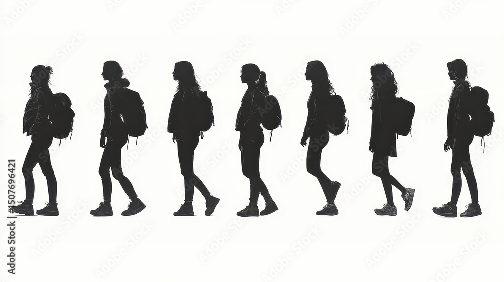 Backpackers Silhouetted women walking in profile, each carrying a pack Backpackers Silhouetted women walking in profile, each carrying a pack