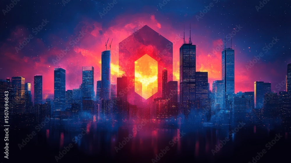 Futuristic city with geometric shapes, sunset colors, reflected in water Futuristic city with geometric shapes, sunset colors, reflected in water