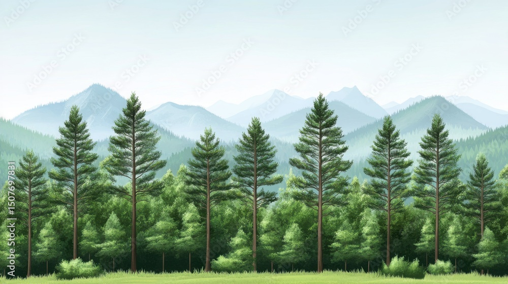 Fototapeta premium Lush Green Forest Landscape with Majestic Mountains in the Background