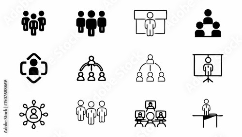 Collection of various business and organizational structure icons in black and white theme set up nicely created with generated ai