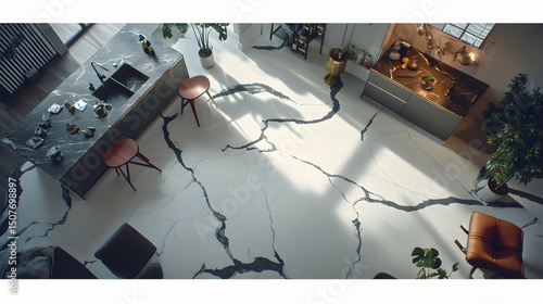 Overhead view a stylish modern kitchen featuring a Calacatta marble floor dark gray cabinets.