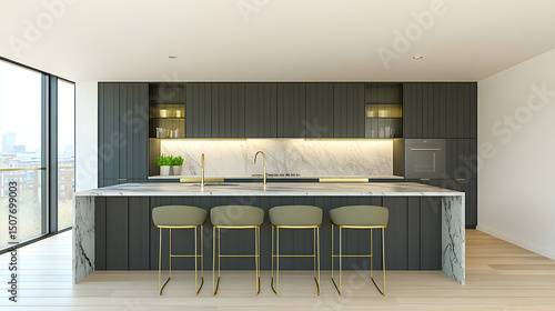 Stylish contemporary kitchen island marble countertop, dark grey cabinets, gold bar stools, featuring a city view.