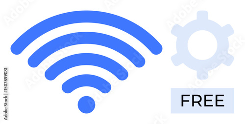 Blue wireless signal icon alongside settings gear and Free text label. Ideal for connectivity, technology, internet access, wireless communication, services, digital tools, usability concepts. Flat