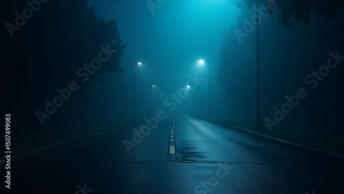 Eerie road illuminated by streetlights disappearing into a dense fog