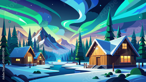 Northern Lights Over Winter Cabins, Aurora, Scandinavia