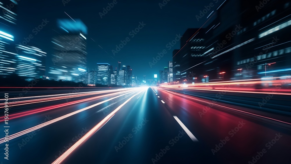 Fototapeta premium Dynamic urban nightscape with blurred light trails and towering structures