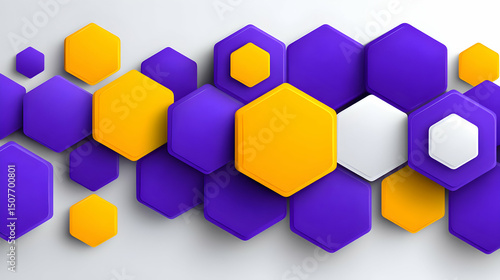 Abstract background image featuring a dynamic arrangement 3D hexagons shades purple, gold, white. Perfect modern design projects.