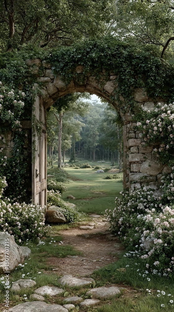Obraz premium Stone archway with green vines and white flowers for phone wallpaper