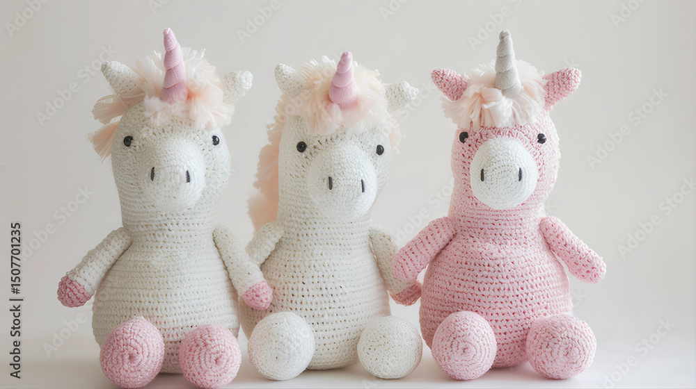 Fototapeta premium Handmade adorable yarn unicorn plushies toys for kids
