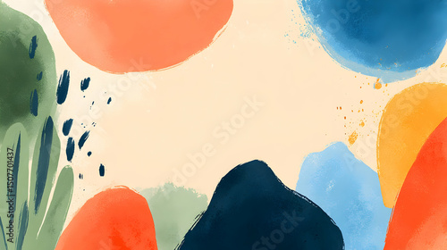 Cream background abstract shapes orange, blue, green yellow. Perfect modern home decor social media.