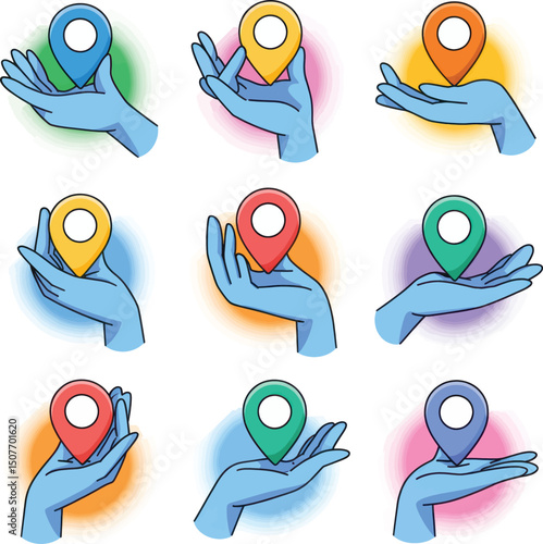 Location pin pointer hand holding gps navigation map marker destination point position search find place  silhouette