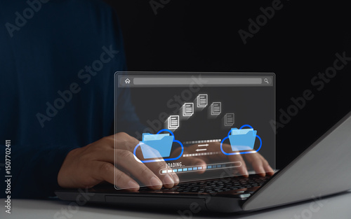 Business information document storage, upload, download, archive, share, migration online database with AI. Transfer digital file relocation on cloud system technology concept, access to backup data.