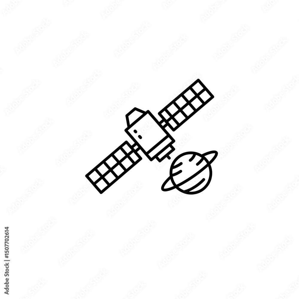 Satellite orbiting a planet icon in minimalist line design Satellite orbiting a planet icon in minimalist line design