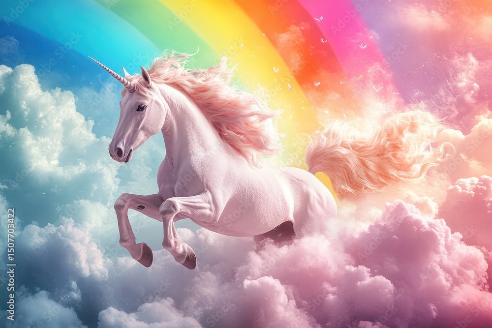 Fototapeta premium Fantasy unicorn soaring through colorful clouds in a dreamy landscape during a magical sunset