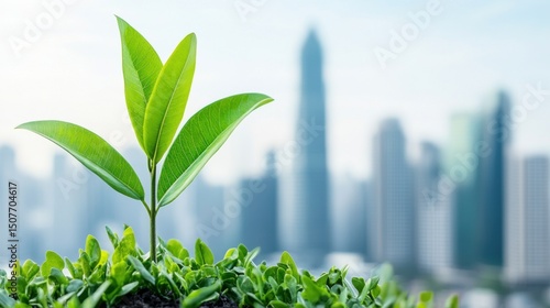 Fresh Green Plant Growing on Soil with Cityscape in Background