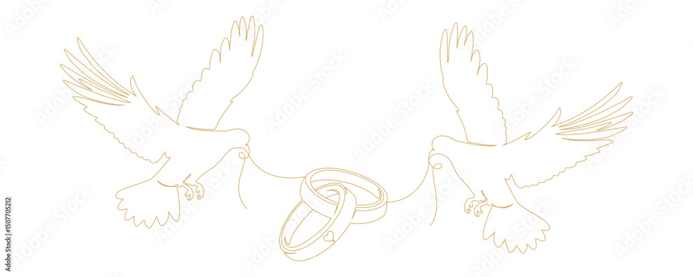 Naklejka premium continuous line drawing of doves and wedding rings 2