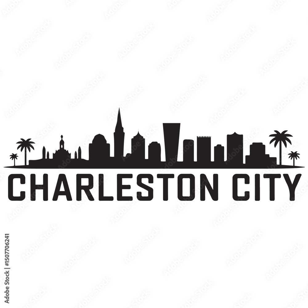 Obraz premium Charleston skyline horizontal banner. Black Charleston City, South Carolina. Vector template for your design. Vector black silhouette. with white background