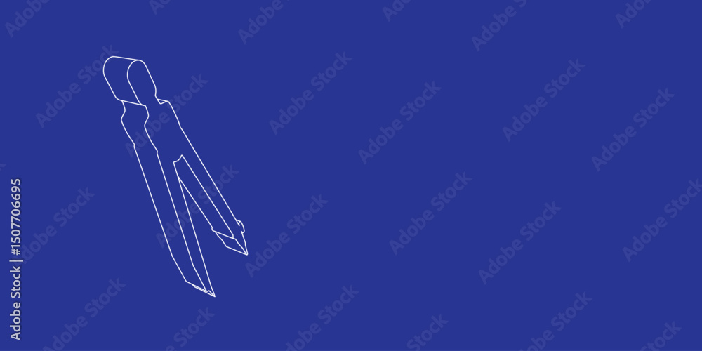 Naklejka premium The outline of a large compass divider made of white lines on the left. 3D view of the object in perspective. Vector illustration on indigo background