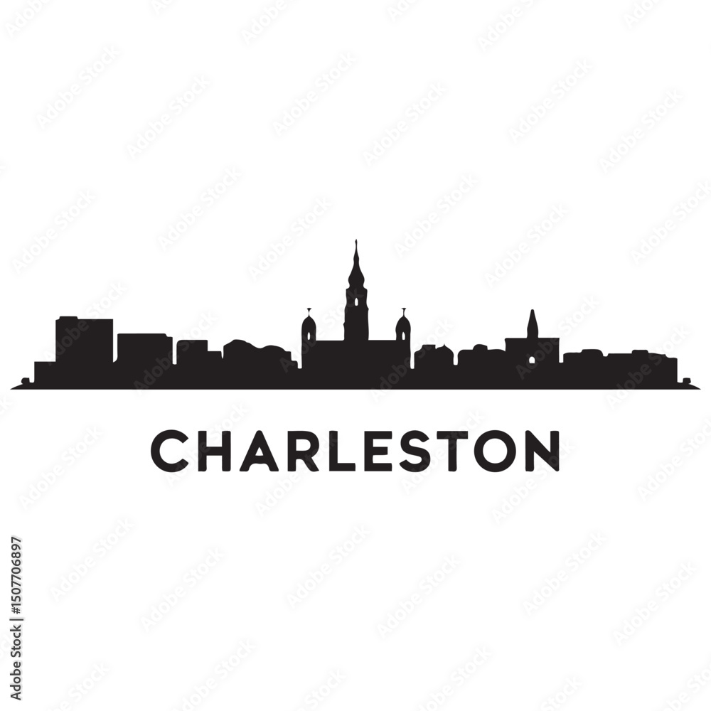 Obraz premium Charleston skyline horizontal banner. Black Charleston City, South Carolina. Vector template for your design. Vector black silhouette. with white background