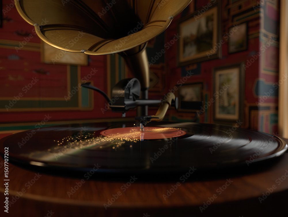 Obraz premium Vintage Gramophone Playing Vinyl Record with Magical Sparkles